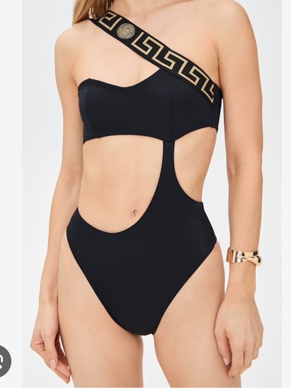 Versace Black One-Shoulder Cutout Swimsuit with Gold Greek Key Strap